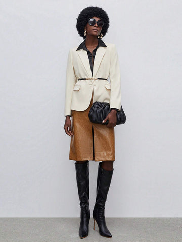 Maija Split Hem Belted PU Leather Skirt