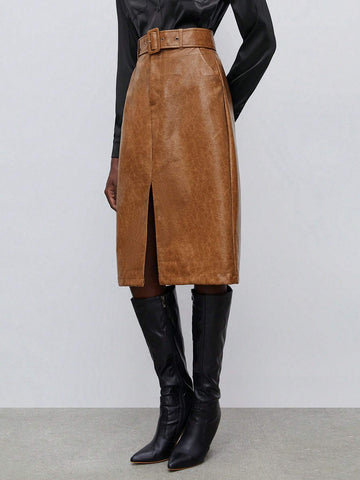 Maija Split Hem Belted PU Leather Skirt