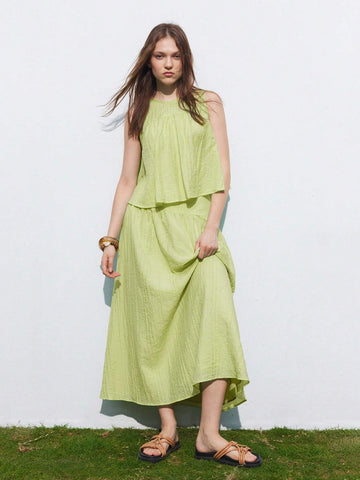 Summer Sleeveless Lace Up Backless Flowy Tank Top And Casual High Waist Skirt