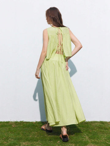 Summer Sleeveless Lace Up Backless Flowy Tank Top And Casual High Waist Skirt