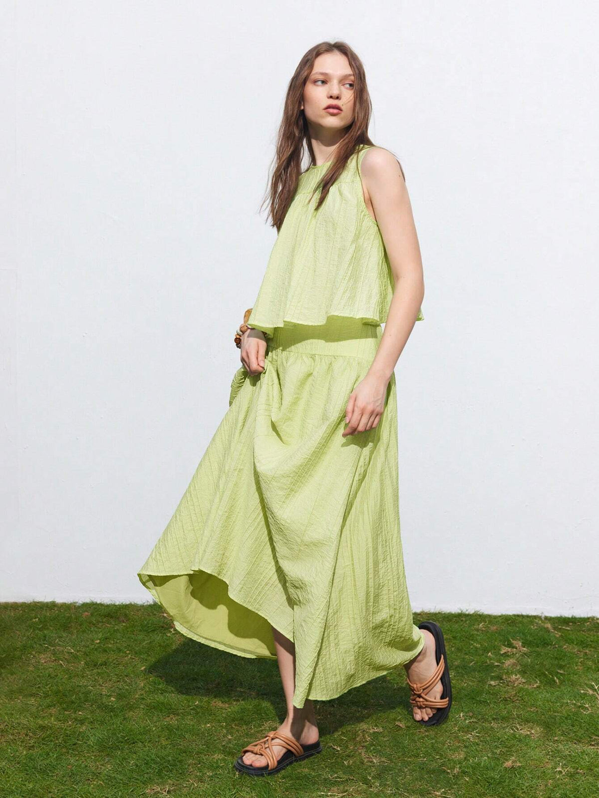 Summer Sleeveless Lace Up Backless Flowy Tank Top And Casual High Waist Skirt