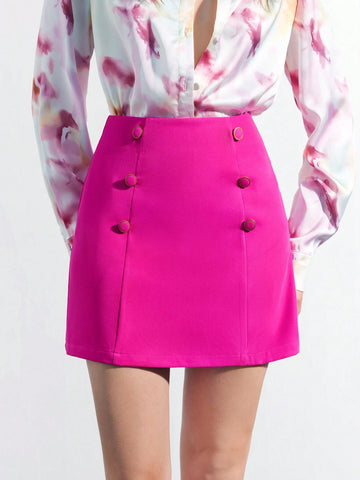 Maija Summer Women Solid Color Double-Breasted Straight Skirt In Light Pink