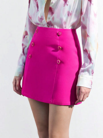 Maija Summer Women Solid Color Double-Breasted Straight Skirt In Light Pink