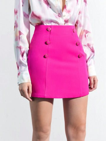 Maija Summer Women Solid Color Double-Breasted Straight Skirt In Light Pink