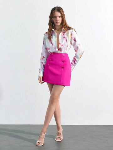 Maija Summer Women Solid Color Double-Breasted Straight Skirt In Light Pink