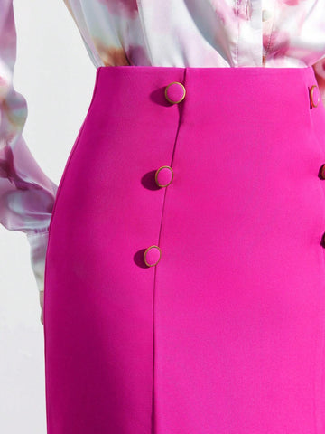 Maija Summer Women Solid Color Double-Breasted Straight Skirt In Light Pink