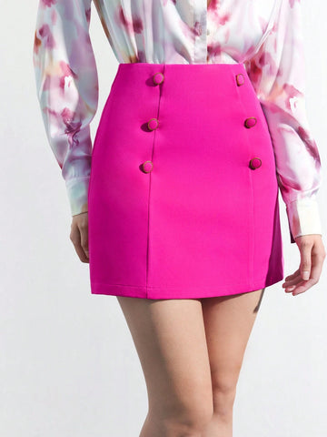 Maija Summer Women Solid Color Double-Breasted Straight Skirt In Light Pink