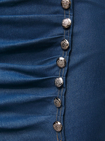 Tube Clothes Summer Women Dresses Ladies' Strapless Denim-Look Metal Buckle Slit Dress