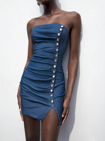 Tube Clothes Summer Women Dresses Ladies' Strapless Denim-Look Metal Buckle Slit Dress