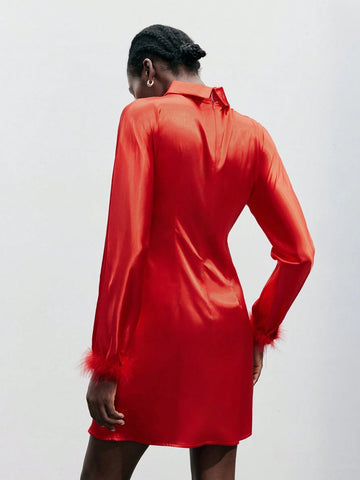 Urban Stylish Modern Everyday Casual Festival Party Women's Red Feather Patchwork Dress