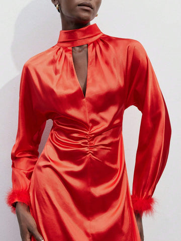 Urban Stylish Modern Everyday Casual Festival Party Women's Red Feather Patchwork Dress