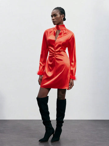 Urban Stylish Modern Everyday Casual Festival Party Women's Red Feather Patchwork Dress