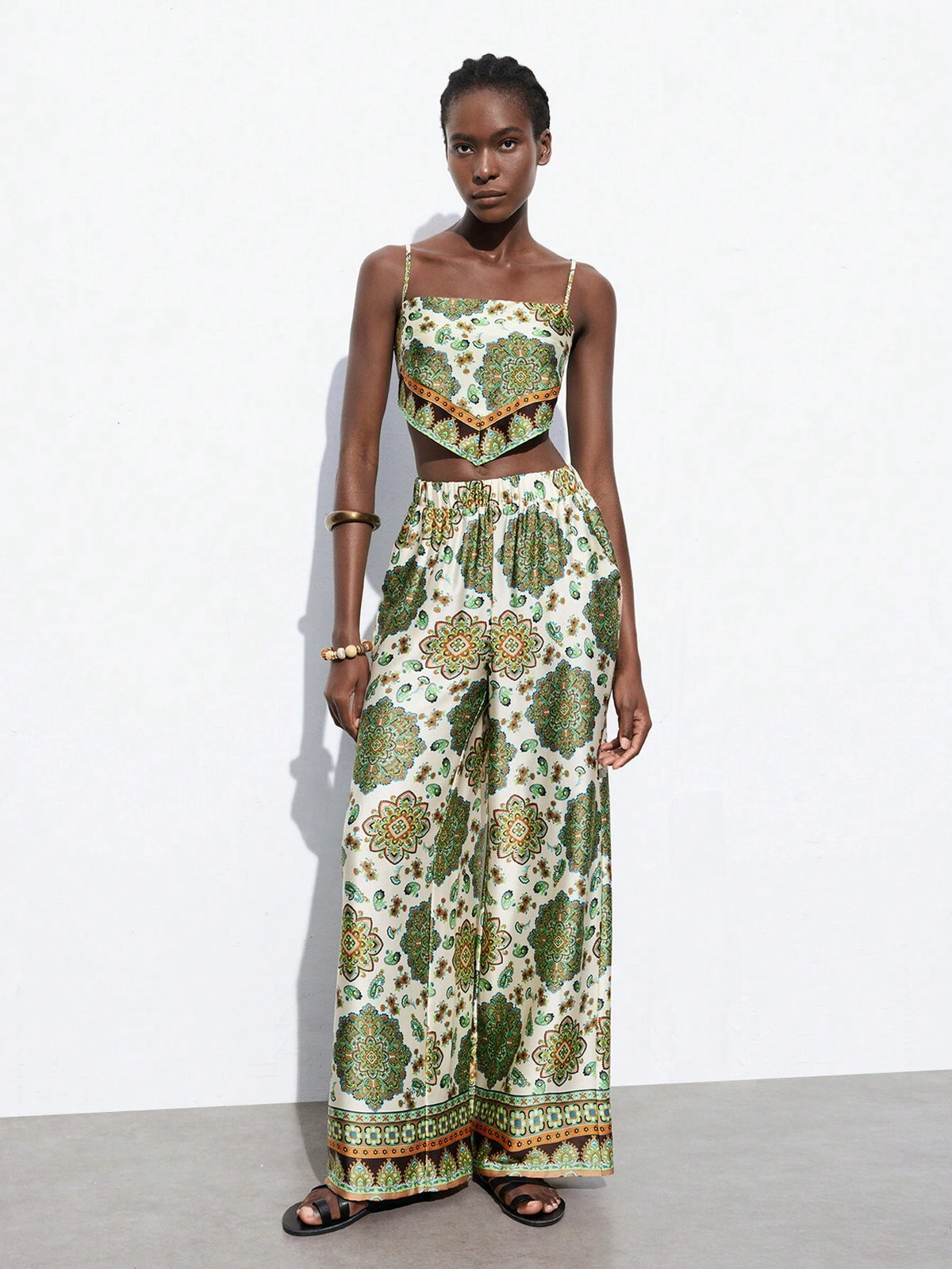 Vintage Floral Printed Cami Top And Long Pants Set For Women