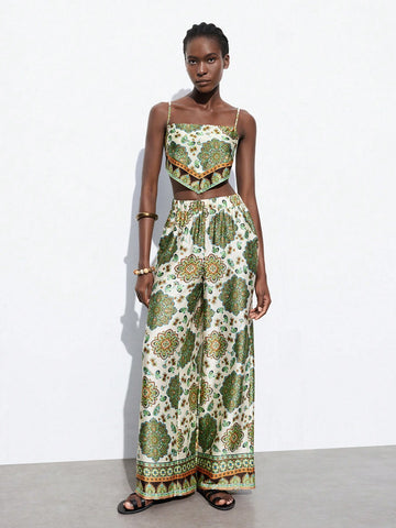 Vintage Floral Printed Cami Top And Long Pants Set For Women