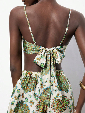 Vintage Floral Printed Cami Top And Long Pants Set For Women