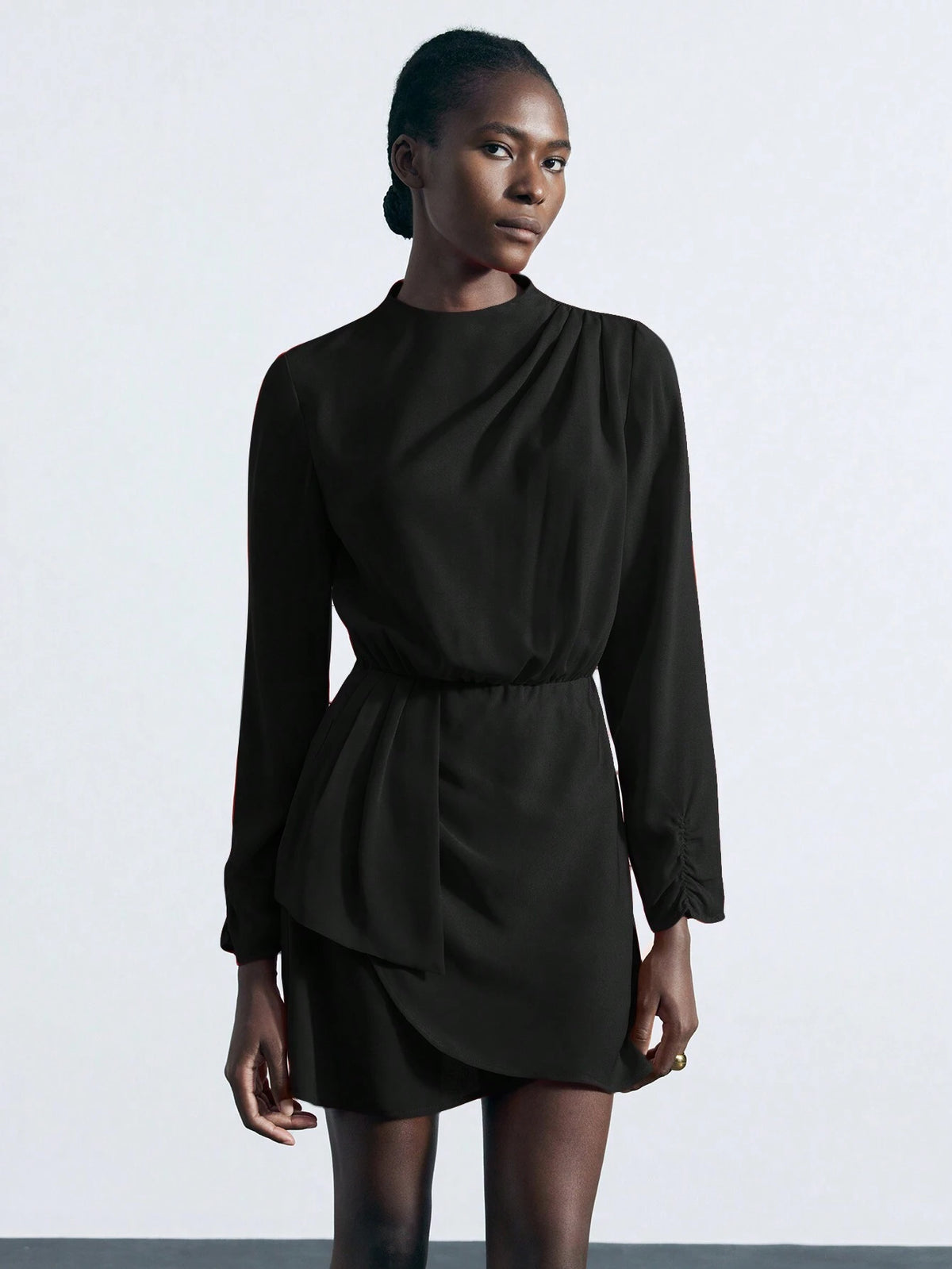 Women Casual Solid Color Funnel Neck Cinched Waist Ruffle Hem Short Dress