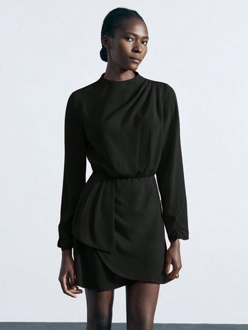 Women Casual Solid Color Funnel Neck Cinched Waist Ruffle Hem Short Dress