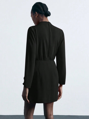 Women Casual Solid Color Funnel Neck Cinched Waist Ruffle Hem Short Dress