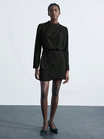 Women Casual Solid Color Funnel Neck Cinched Waist Ruffle Hem Short Dress