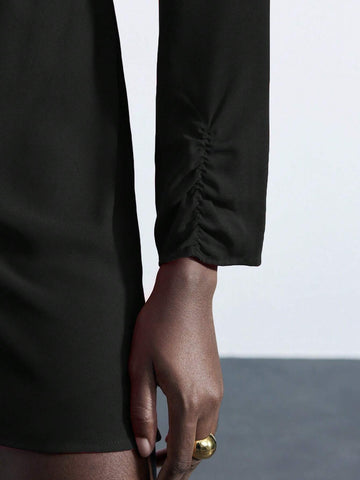 Women Casual Solid Color Funnel Neck Cinched Waist Ruffle Hem Short Dress