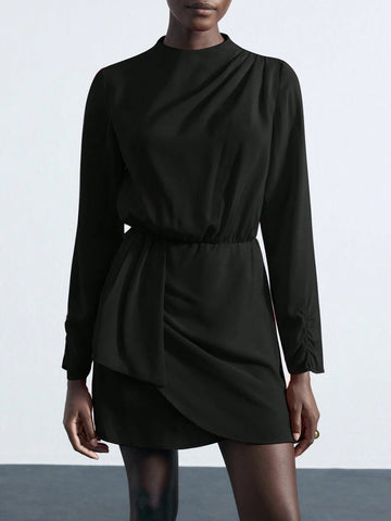 Women Casual Solid Color Funnel Neck Cinched Waist Ruffle Hem Short Dress