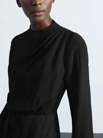 Women Casual Solid Color Funnel Neck Cinched Waist Ruffle Hem Short Dress