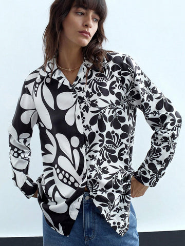 Maija Women Contrast Color Print Button-Up Long Sleeve Blouse