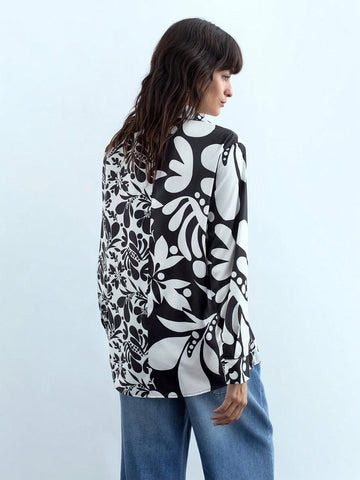 Maija Women Contrast Color Print Button-Up Long Sleeve Blouse