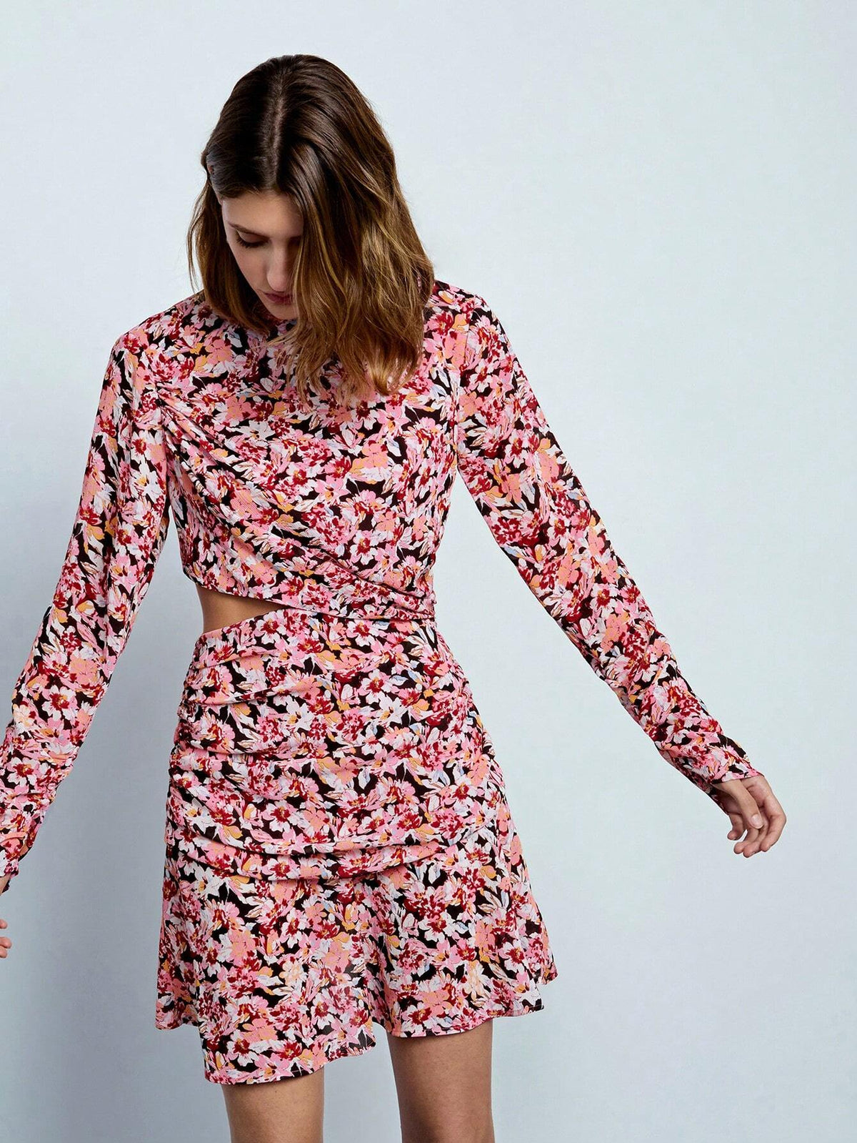 Women Crew Neck Long Sleeve All-Over Floral Hollow-Out Print Casual Dress
