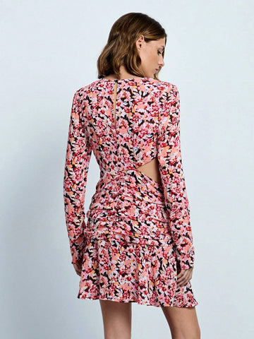 Women Crew Neck Long Sleeve All-Over Floral Hollow-Out Print Casual Dress