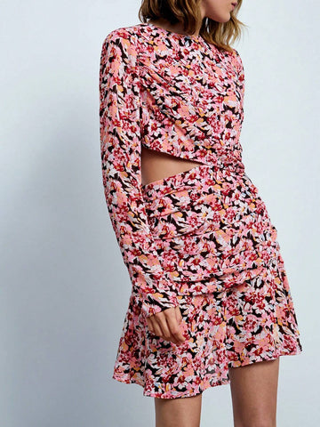 Women Crew Neck Long Sleeve All-Over Floral Hollow-Out Print Casual Dress