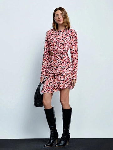 Women Crew Neck Long Sleeve All-Over Floral Hollow-Out Print Casual Dress