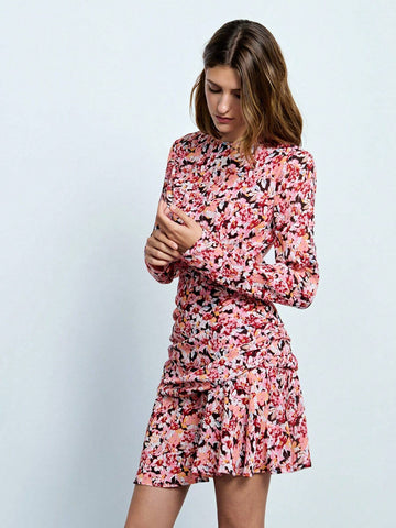 Women Crew Neck Long Sleeve All-Over Floral Hollow-Out Print Casual Dress