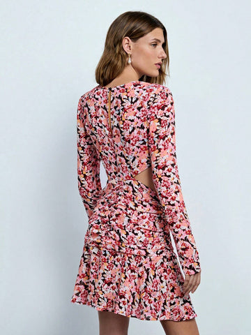 Women Crew Neck Long Sleeve All-Over Floral Hollow-Out Print Casual Dress