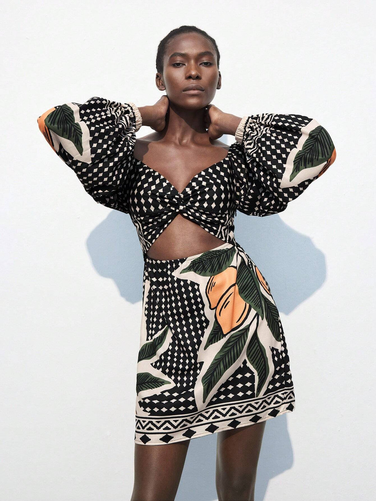 Women Floral Print Long Sleeve Twist Hollow Out Short Casual Dress