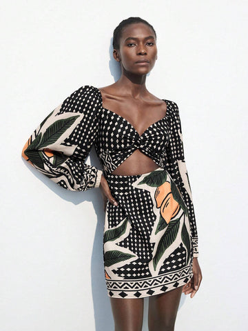 Women Floral Print Long Sleeve Twist Hollow Out Short Casual Dress