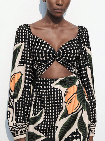 Women Floral Print Long Sleeve Twist Hollow Out Short Casual Dress