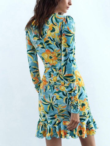 Women Floral Print Round Neck Long Sleeve Ruffled Hem Fashion Mini Dress