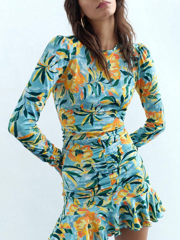 Women Floral Print Round Neck Long Sleeve Ruffled Hem Fashion Mini Dress