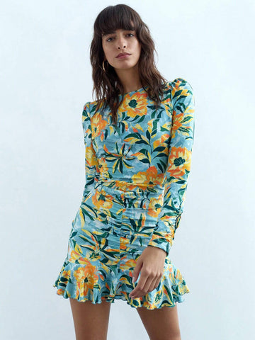 Women Floral Print Round Neck Long Sleeve Ruffled Hem Fashion Mini Dress