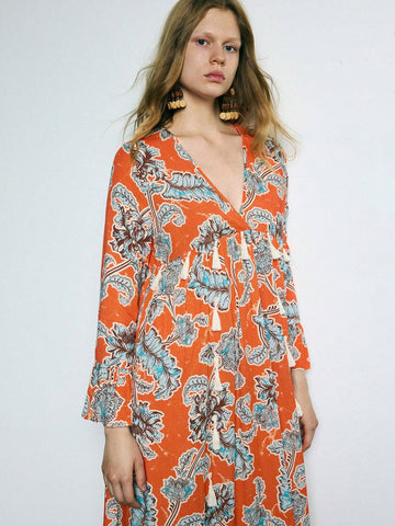 Women Retro Style Printed Long Sleeve Short Dress