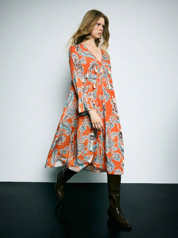 Women Retro Style Printed Long Sleeve Short Dress