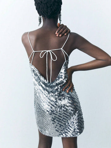 Women Sequin Decor Spaghetti Strap Mini Dress
