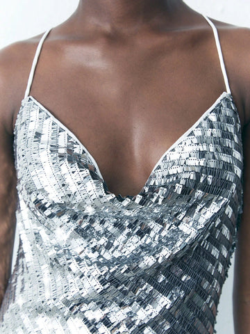 Women Sequin Decor Spaghetti Strap Mini Dress