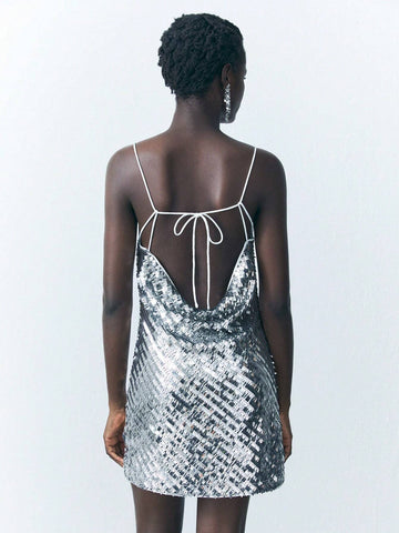 Women Sequin Decor Spaghetti Strap Mini Dress