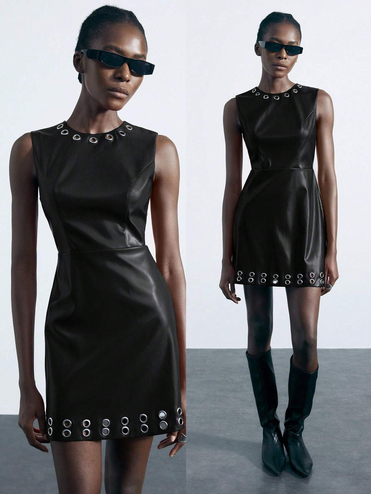 Women Solid Color Hollow Circle Decor Sleeveless Dress