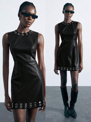 Women Solid Color Hollow Circle Decor Sleeveless Dress