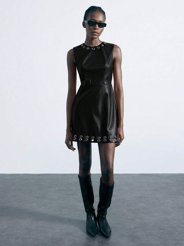 Women Solid Color Hollow Circle Decor Sleeveless Dress