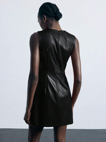 Women Solid Color Hollow Circle Decor Sleeveless Dress