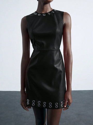 Women Solid Color Hollow Circle Decor Sleeveless Dress